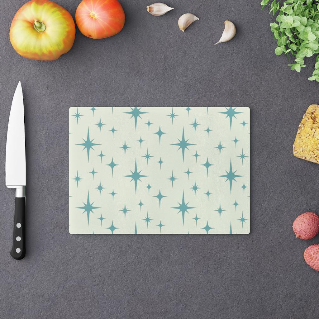 Mid Century Atomic Starburst Blue/Off-White Glass Cutting Board | lovevisionkarma.com