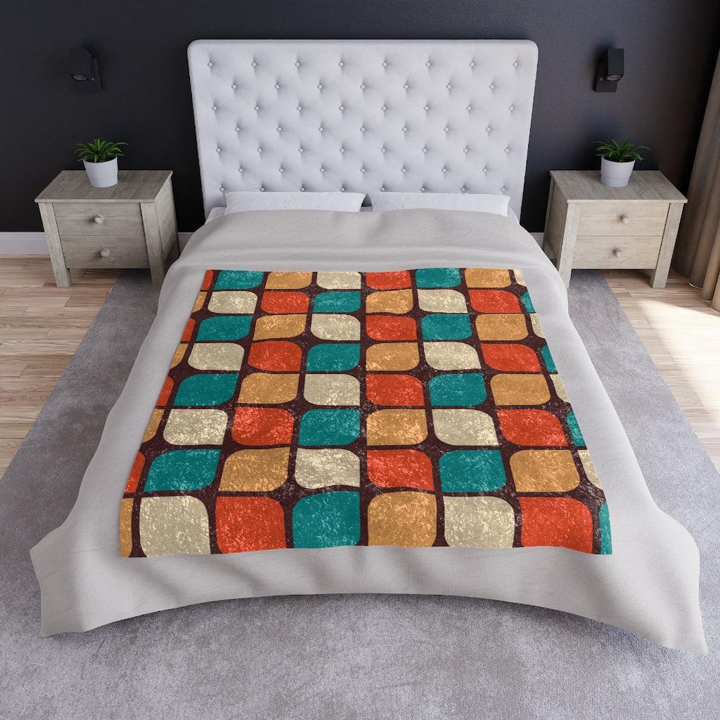 Retro 60s 70s Mid Century Geometric Orange, Brown & Teal Crushed Velvet Blanket | lovevisionkarma.com