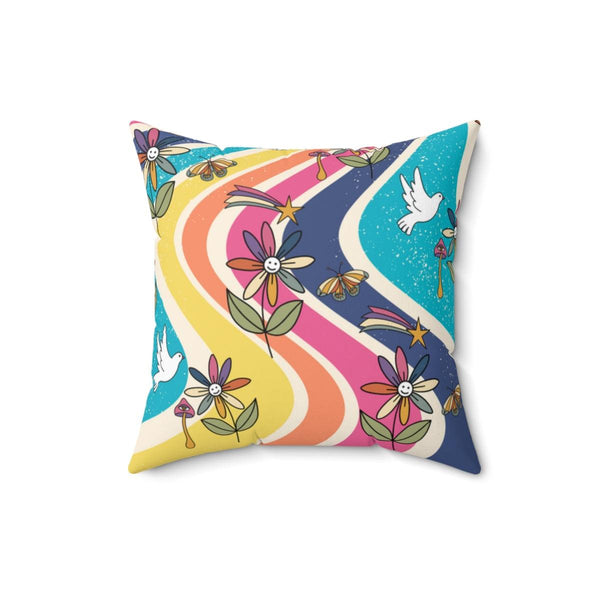 Groovy Hippie Flowers and Boho Mushrooms Multicolor Pillow | lovevisionkarma.com