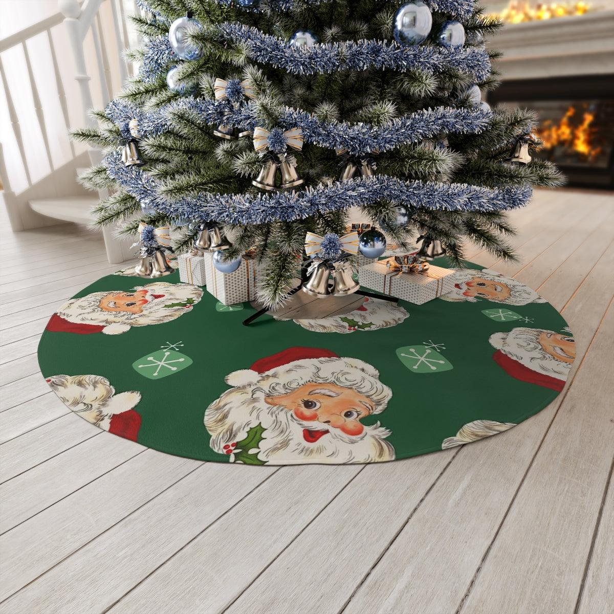 Vintage Retro Style Santa Atomic Burst Green Christmas Tree Skirt | lovevisionkarma.com