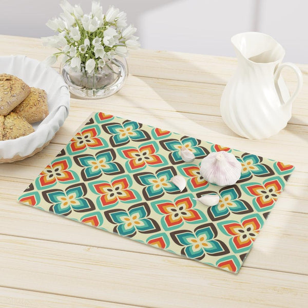 Retro Mid Century Mod Multicolor Floral Glass Cutting Board | lovevisionkarma.com