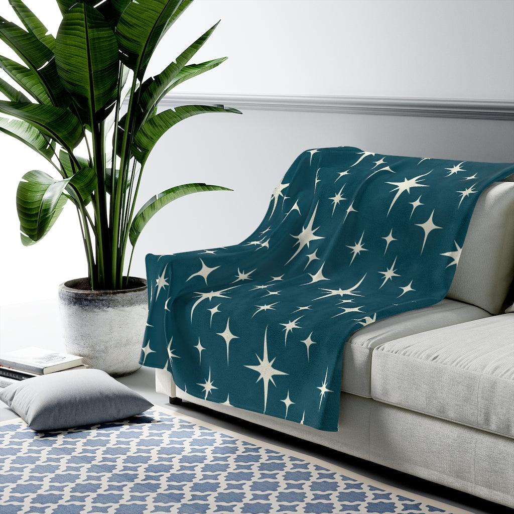 Atomic Mid Century Starburst Dark Blue Velveteen Lightweight Blanket | lovevisionkarma.com