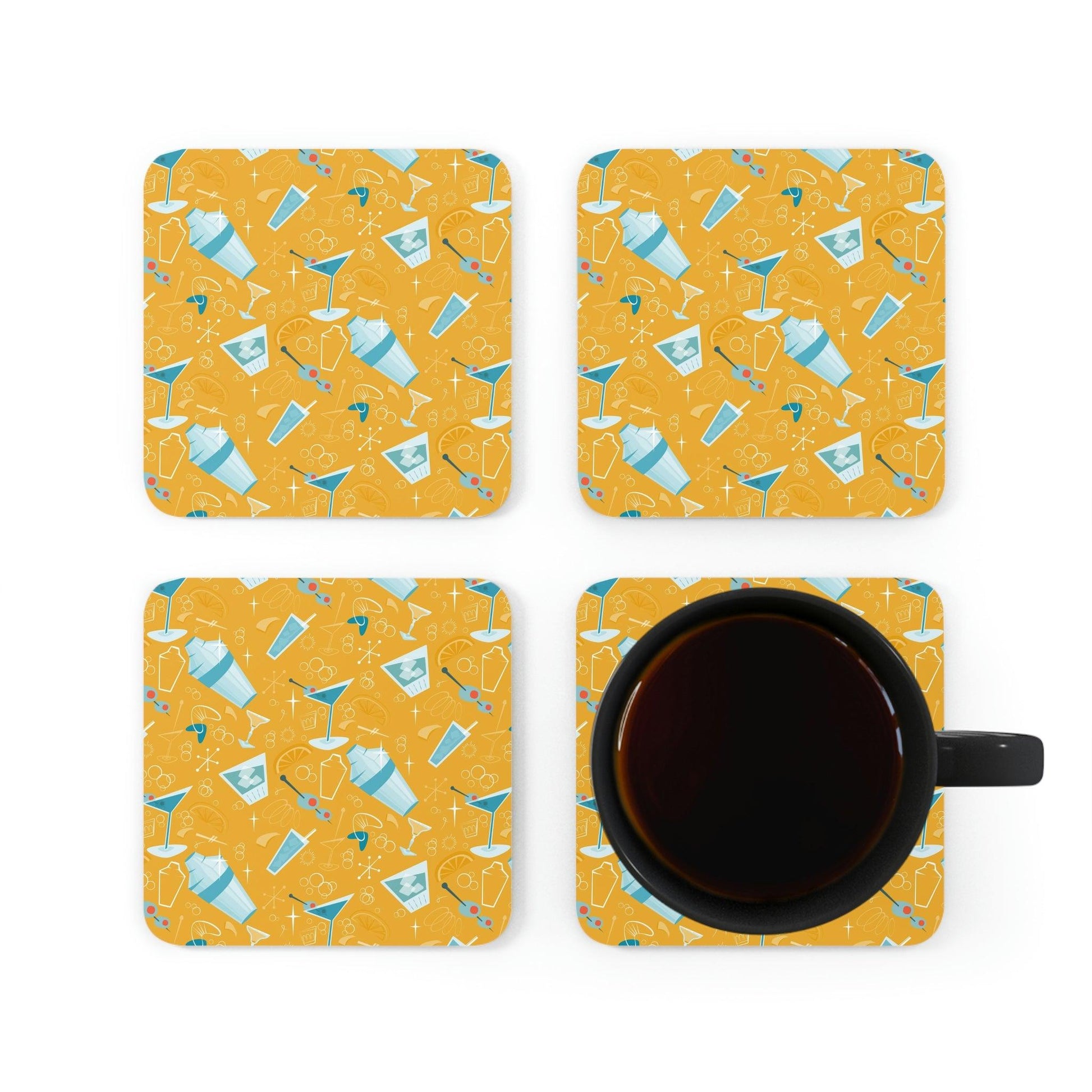 Retro Mid Century Martini and Cocktail Yellow Coaster Set | lovevisionkarma.com