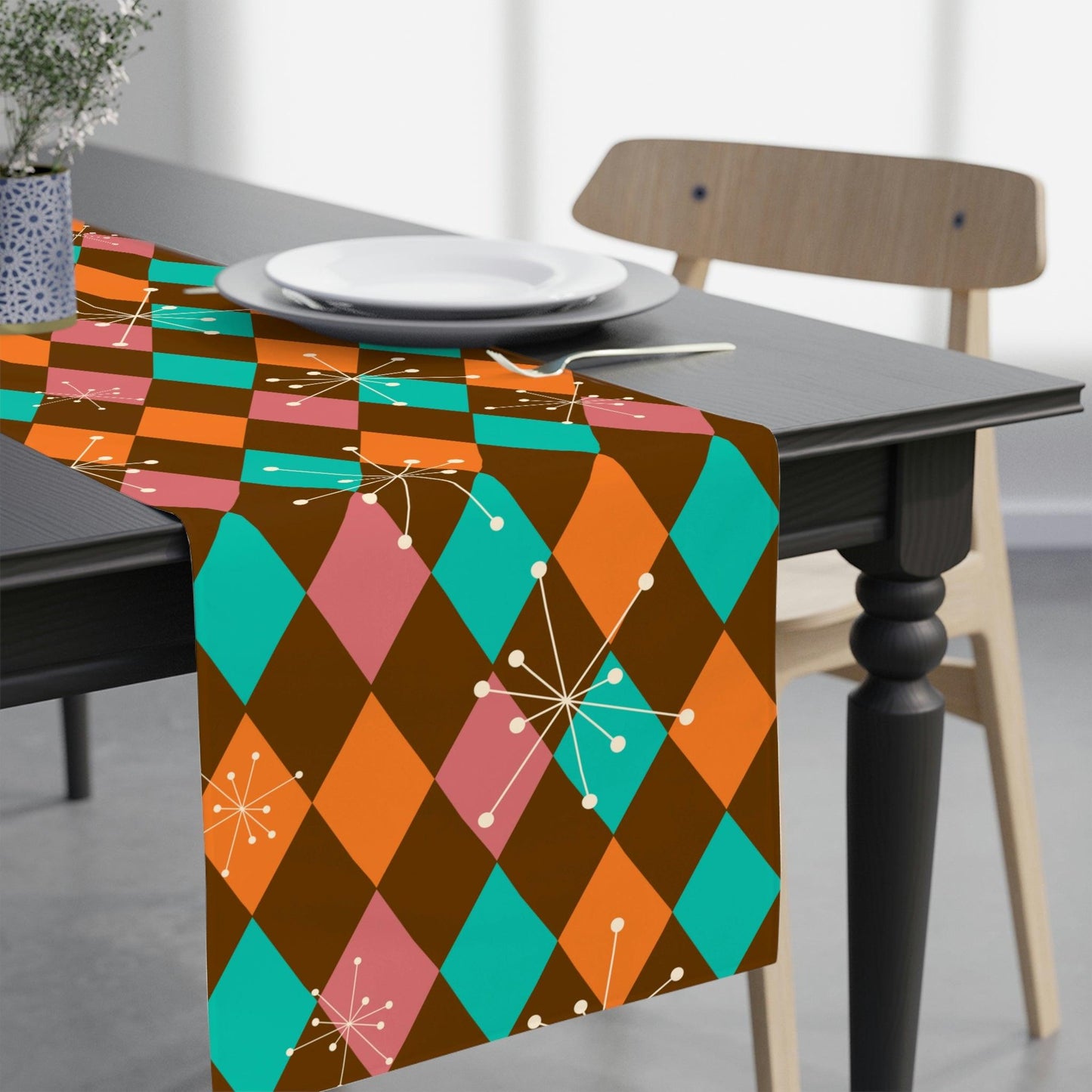 Retro Atomic Starburst Diamonds Mid Century Pink, Orange, Brown Table Runner | lovevisionkarma.com