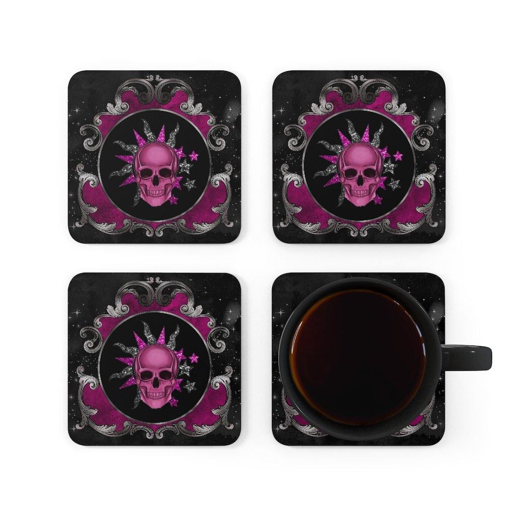Cosmic Skull Halloween Coaster Set Pink & Black Glam Goth Decor | lovevisionkarma.com