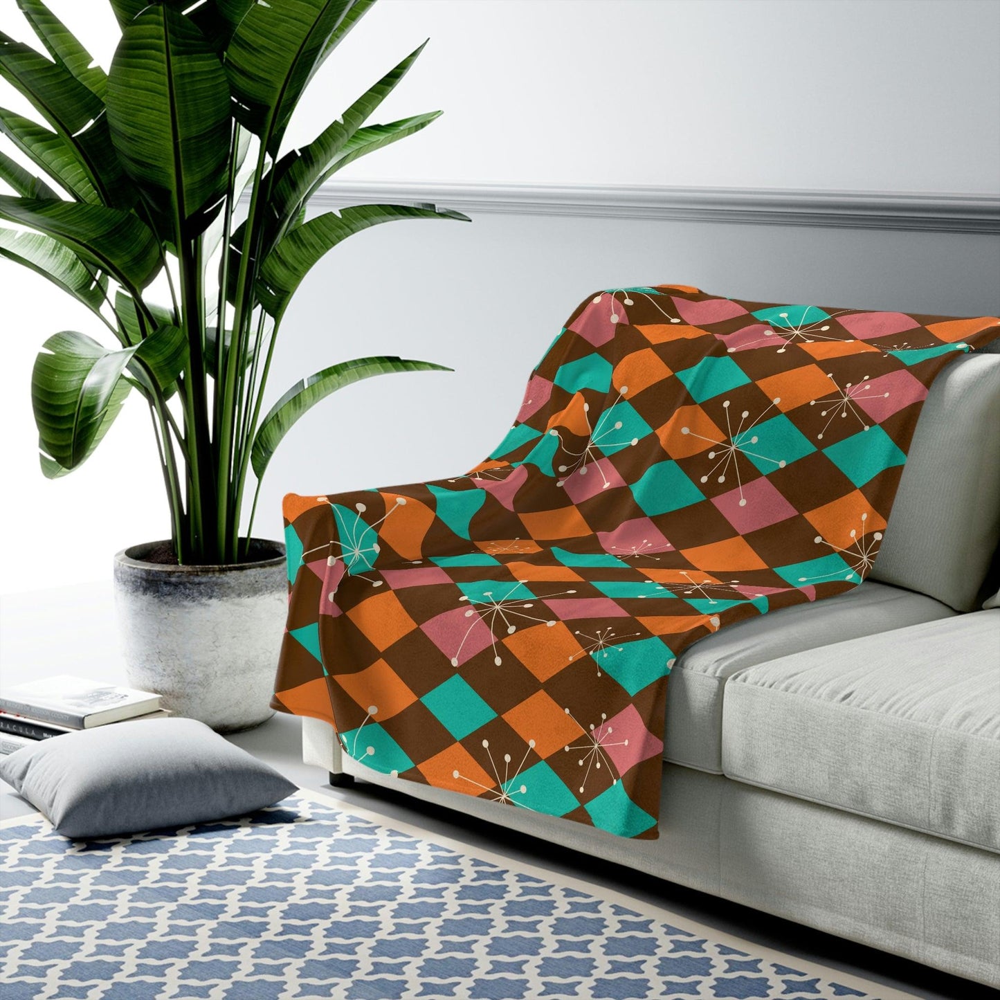 Retro Atomic Diamonds and Bursts Mid Century Mod Multicolor Velveteen Lightweight Blanket | lovevisionkarma.com