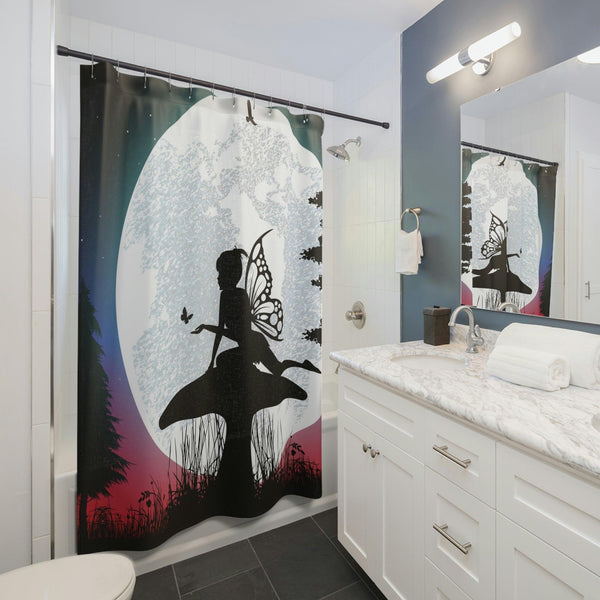 Fairy Silhouette Full Moon and Mushroom Dusk Shower Curtain | lovevisionkarma.com