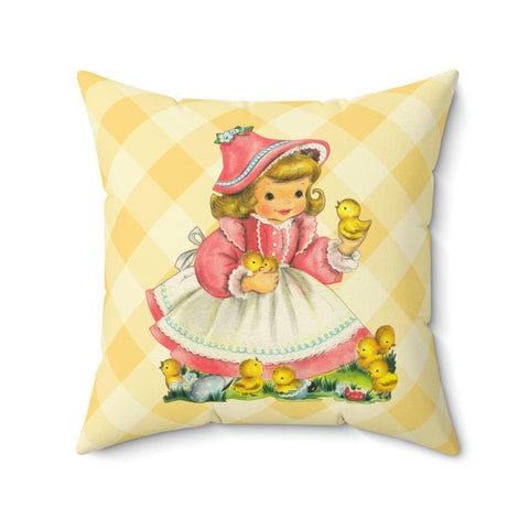 Retro Easter Vintage Girl with Chicks MCM Yellow Pillow