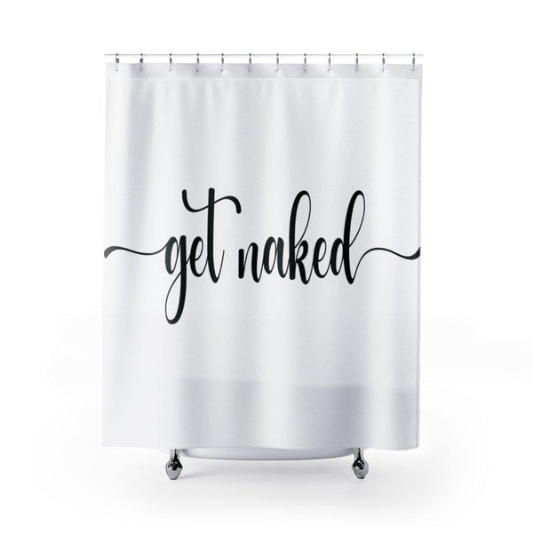 "Get Naked" White Modern Minimalist Shower Curtain | lovevisionkarma.com