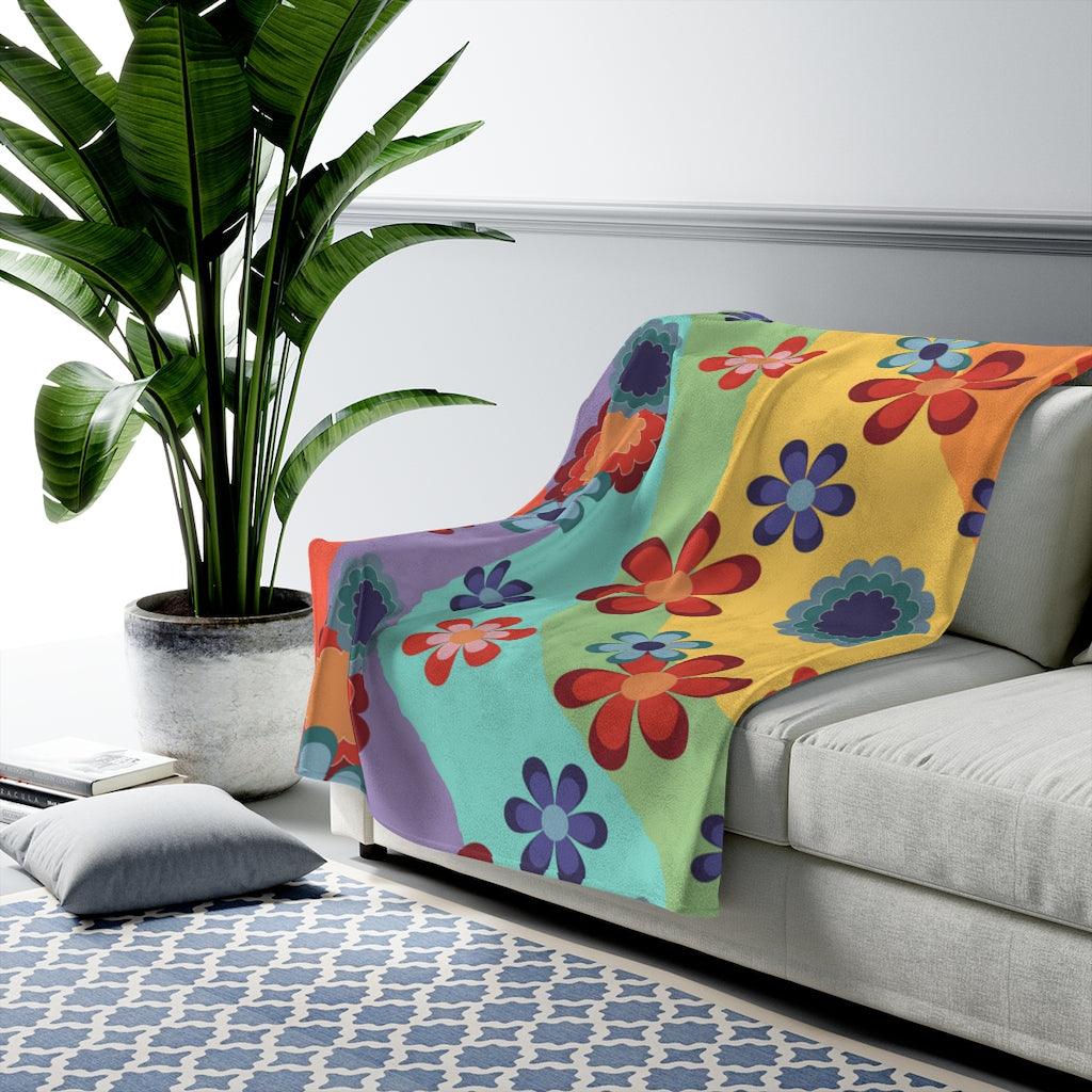 Groovy 60s 70s Flowers Colorful Mid Century Hippie Velveteen Lightweight Blanket | lovevisionkarma.com