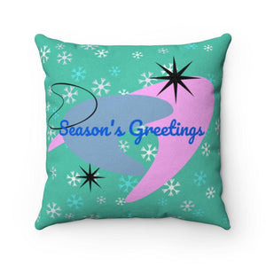 Mid Century Mod Atomic Burst Season's Greetings Green Christmas Pillow | lovevisionkarma.com