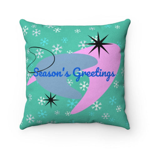 Mid Century Mod Atomic Burst Season's Greetings Green Christmas Pillow | lovevisionkarma.com