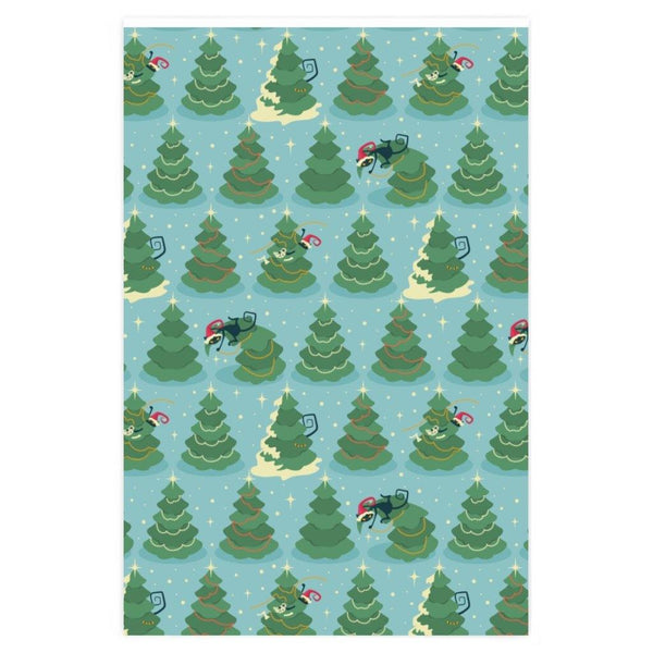 Christmas Atomic Cat & X-mas Tree Blue & Green Gift Wrapping Paper | lovevisionkarma.com