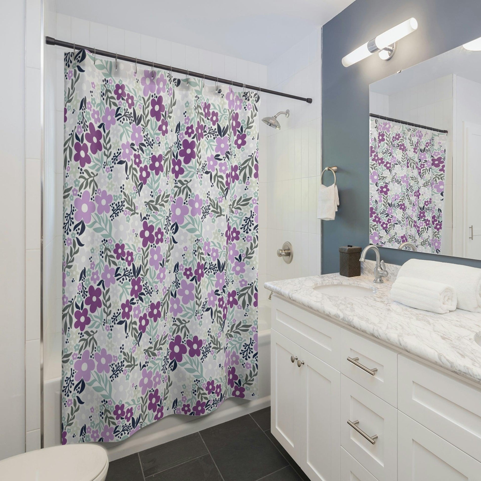 Retro Floral Minimalist Mid Century Purple Shower Curtain | lovevisionkarma.com