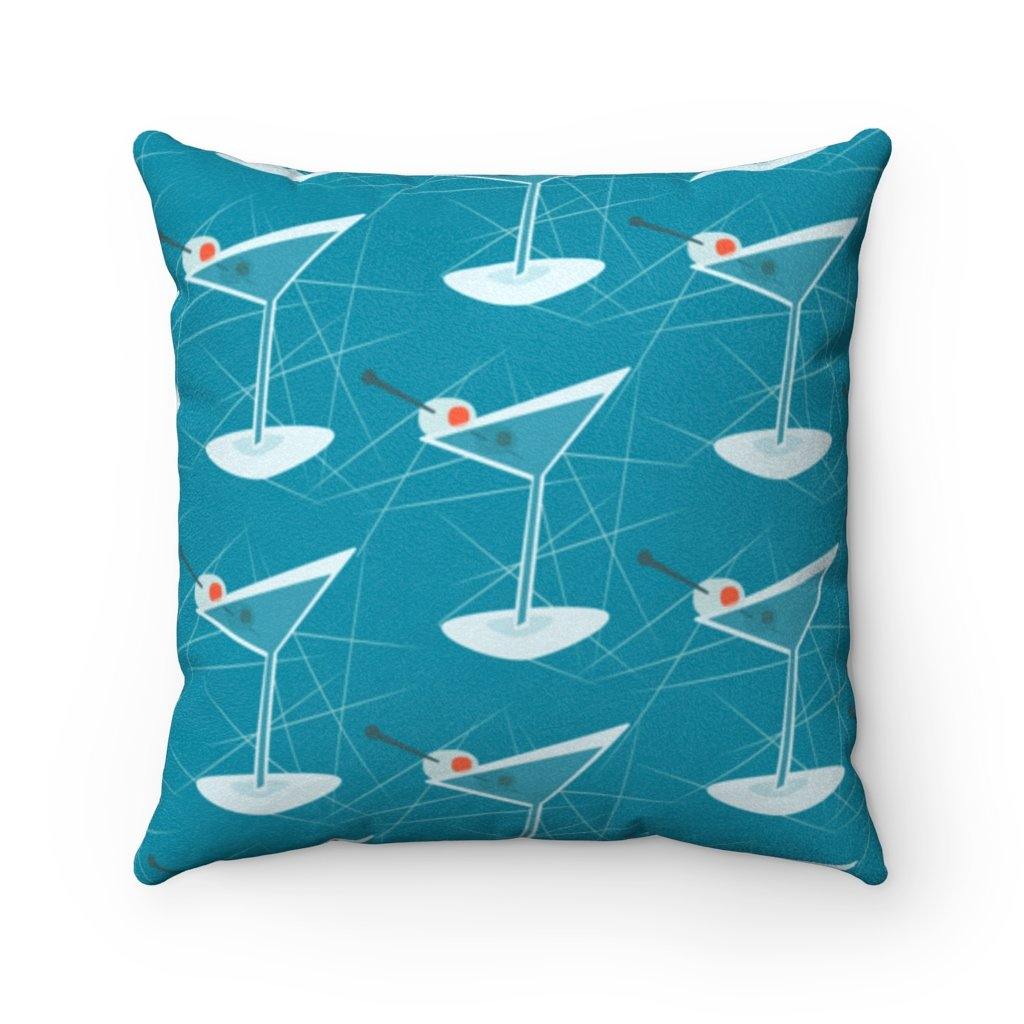 Mid Century Modern Atomic Martinis Blue Throw Pillow | lovevisionkarma.com