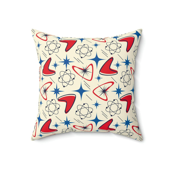 Retro 50s Atomic Boomerangs and Space Age Starburst Red, Blue and Cream MCM Throw Pillow | lovevisionkarma.com