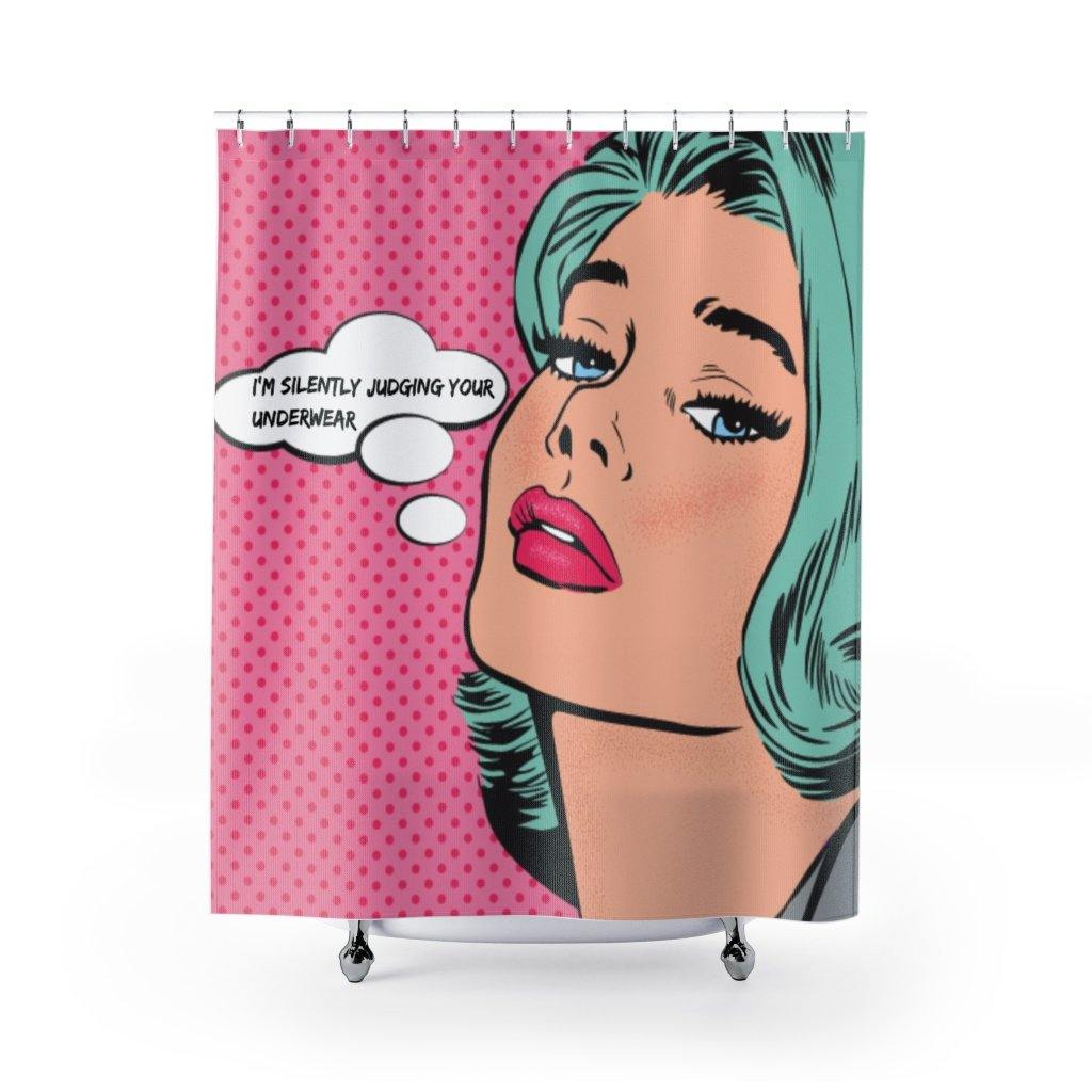 "Silently Judging" Comic Pop Art Funny Shower Curtain | lovevisionkarma.com