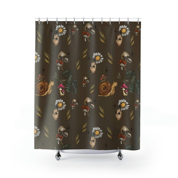 Boho Snail and Mushrooms Cottagecore Brown Shower Curtain | lovevisionkarma.com