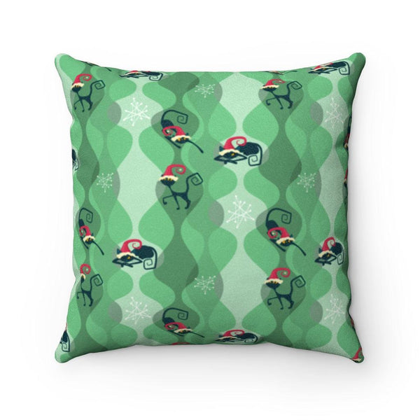 Mid Century Mod Festive Atomic Cats Green Christmas Pillow | lovevisionkarma.com