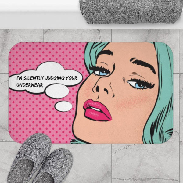 "Silently Judging" Comic Pop Art Funny Bath Mat | lovevisionkarma.com