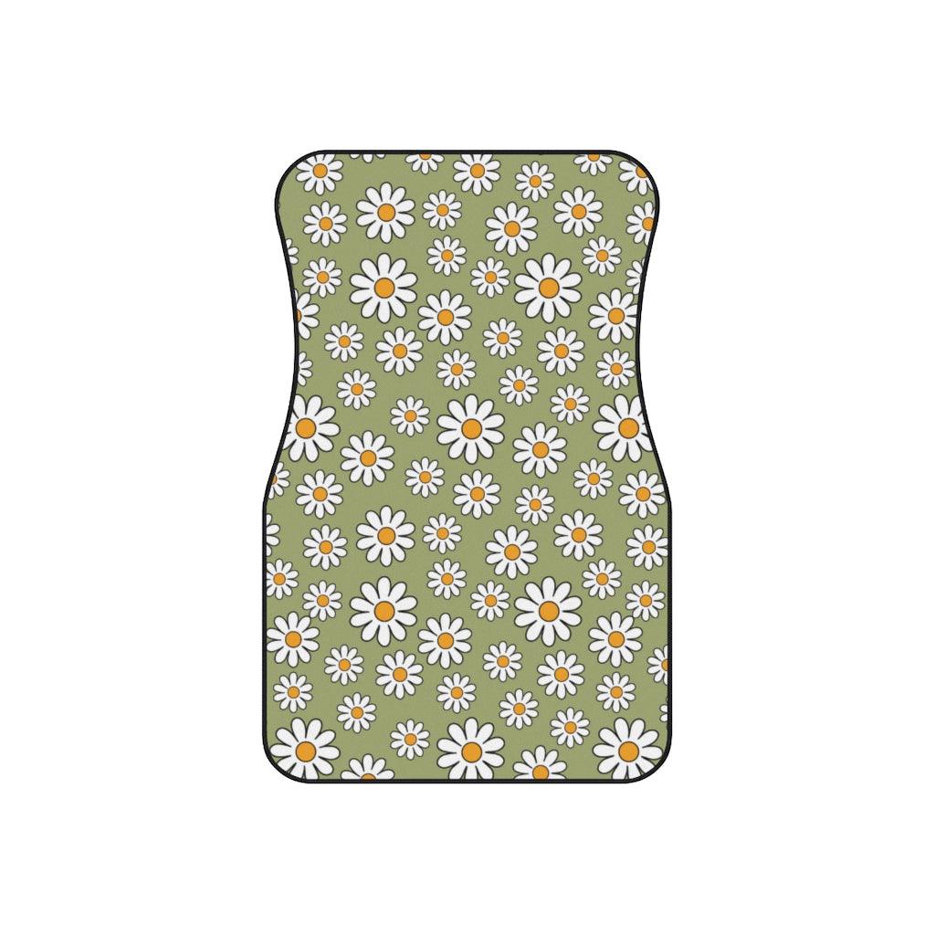 Retro Boho Daisy Sage Green MCM Car Mats (Set of 4) | lovevisionkarma.com