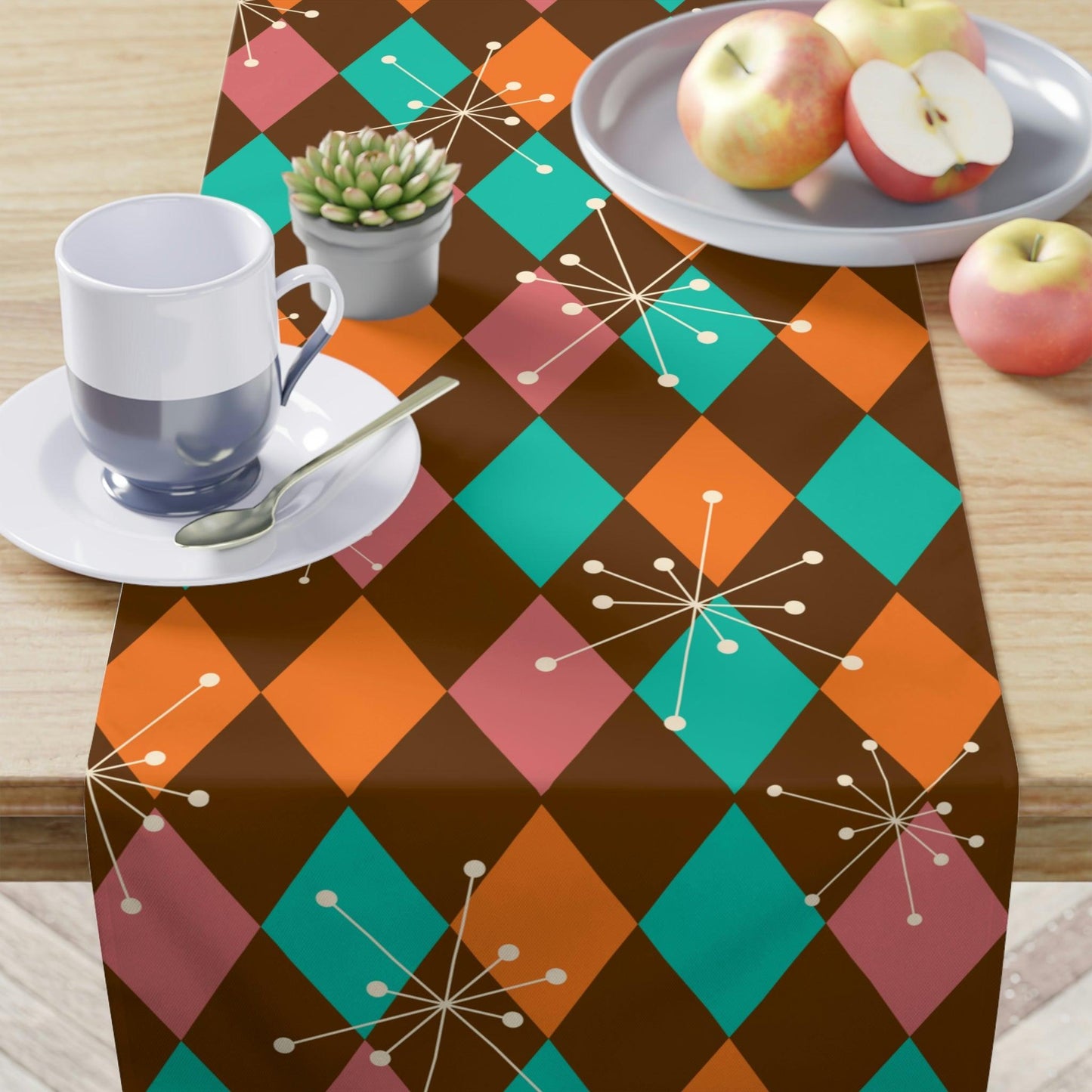 Retro Atomic Starburst Diamonds Mid Century Pink, Orange, Brown Table Runner | lovevisionkarma.com