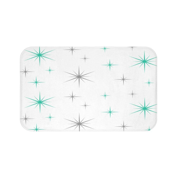 Starbursts 50s, 60s Mid Century Modern Teal & Grey Bath Mat | lovevisionkarma.com