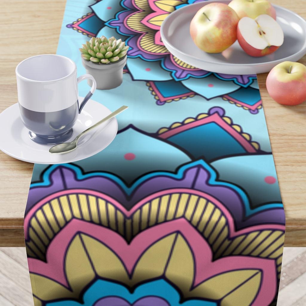 Boho Mandalas Colorful Light Blue Table Runner, Diwali Home Decor | lovevisionkarma.com