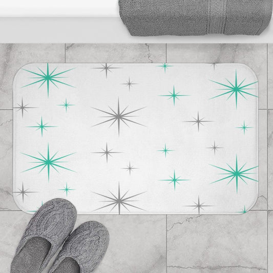 Starbursts 50s, 60s Mid Century Modern Teal & Grey Bath Mat | lovevisionkarma.com