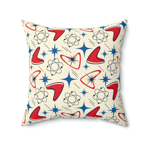 Retro 50s Atomic Boomerangs and Space Age Starburst Red, Blue and Cream MCM Throw Pillow | lovevisionkarma.com