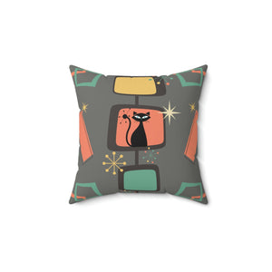 Retro Atomic Cat, Starburst Chic Mid Century Mod Coral & Gray Throw Pillow | lovevisionkarma.com
