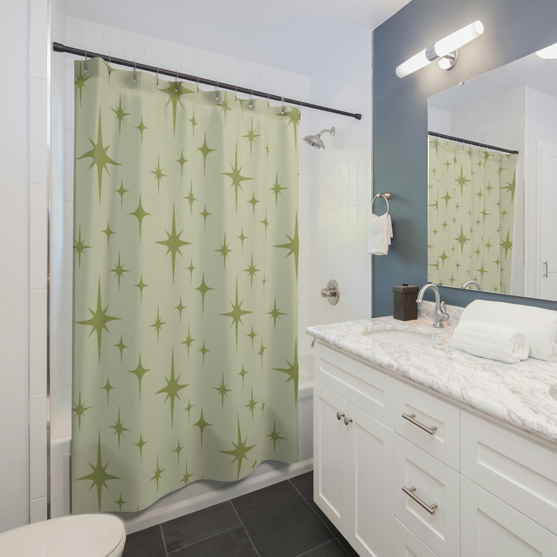 Retro 50s Atomic Starburst Green Chartreuse MCM Shower Curtain | lovevisionkarma.com