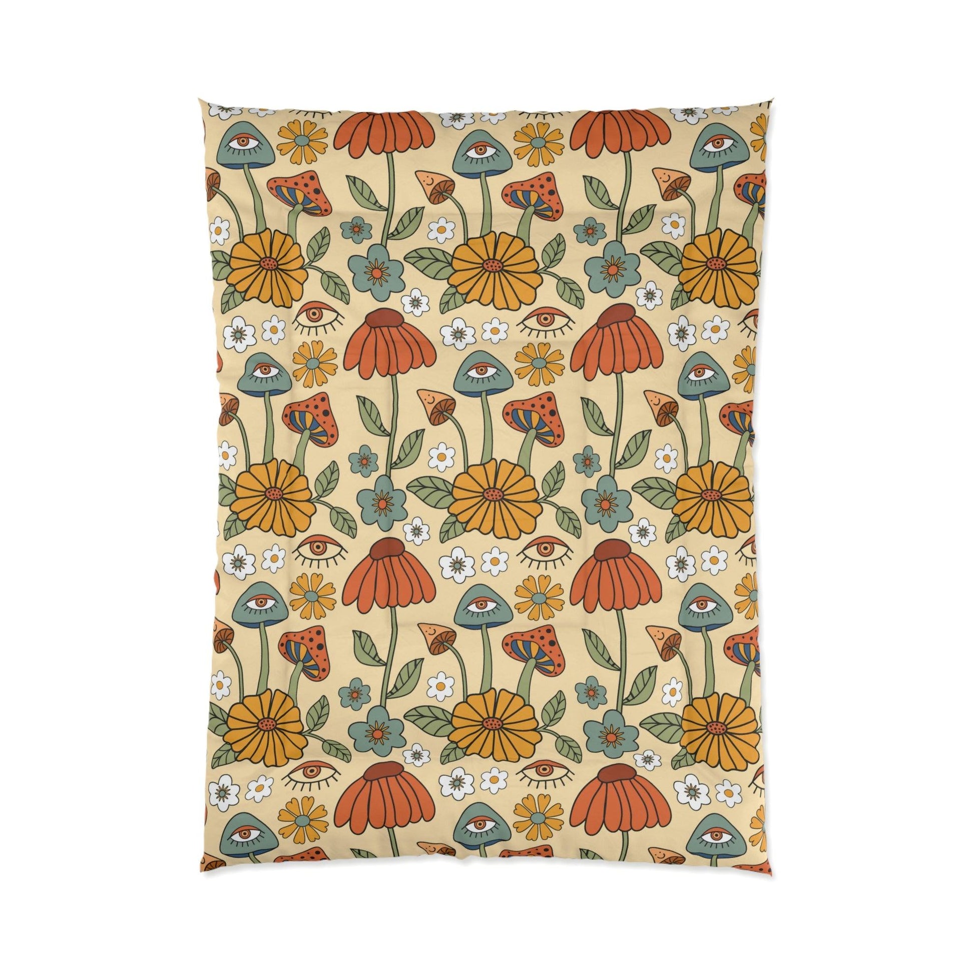 Boho Trippy Mushroom & Flowers Hippie Cottagecore MCM Comforter | lovevisionkarma.com