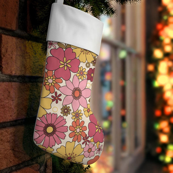 Retro Boho Mid Century Floral Yellow and Pink Christmas Stocking | lovevisionkarma.com