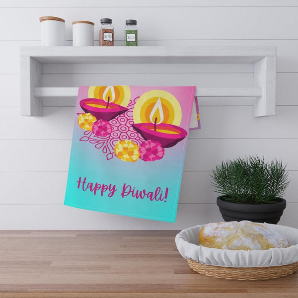 Diwali Diya Tea Towel, Colorful Happy Diwali Home Decor for Kitchen | lovevisionkarma.com