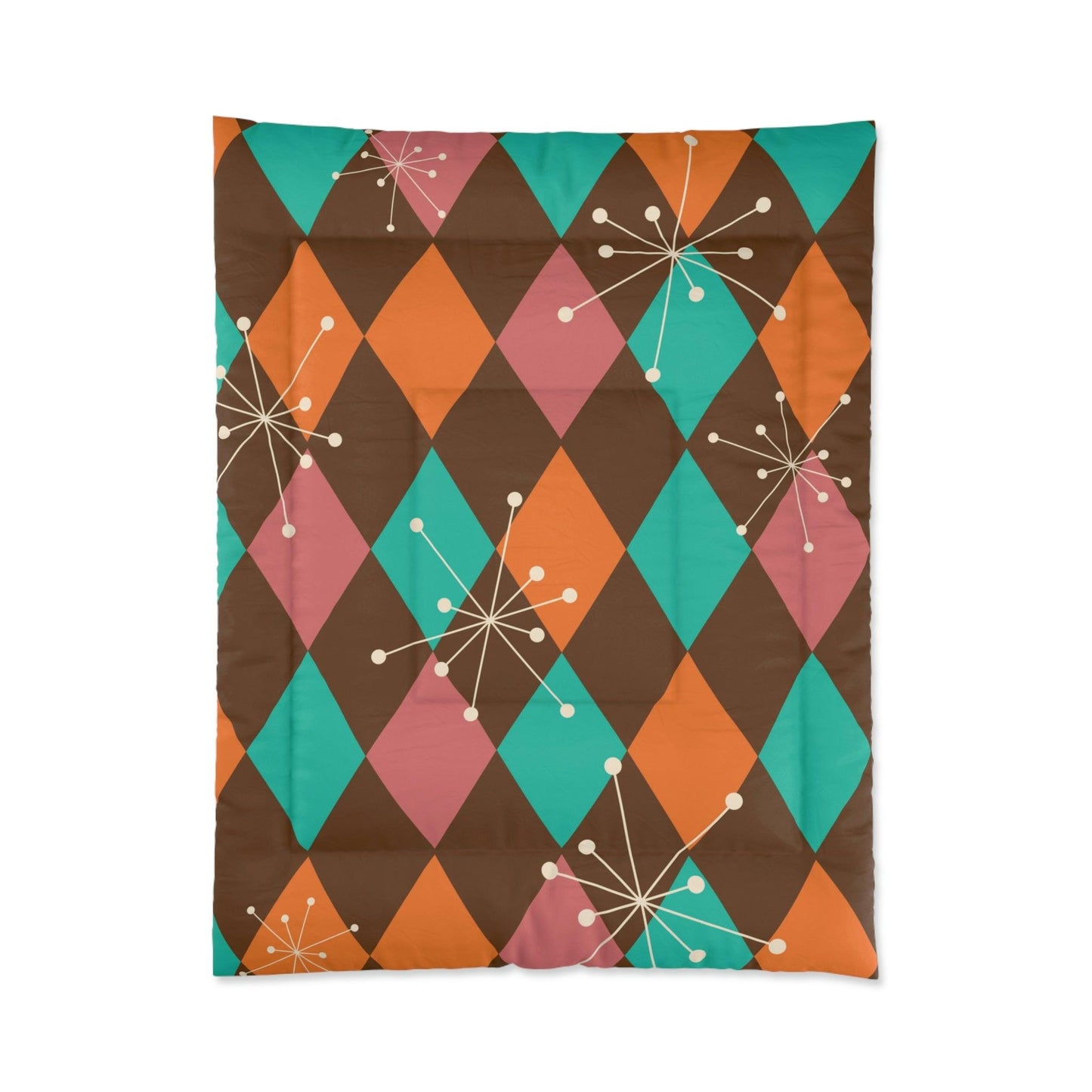 Retro Atomic Starburst Diamonds Mid Century Pink, Orange, Brown Comforter | lovevisionkarma.com