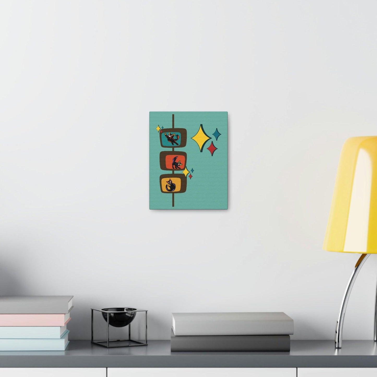 Kitschy Atomic Cats and Bursts Retro Mid Century Blue Canvas Gallery Wrap | lovevisionkarma.com