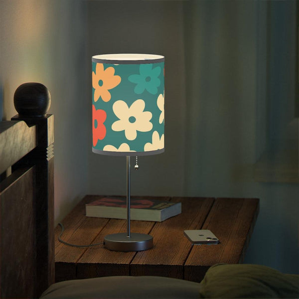 Boho Retro Flowers Teal MCM Tabletop Accent Lamp | lovevisionkarma.com
