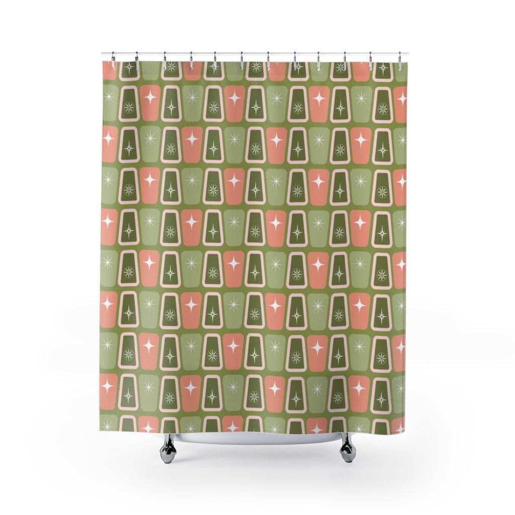 Atomic Burst Mid Century Mod Green & Pink Shower Curtain | lovevisionkarma.com