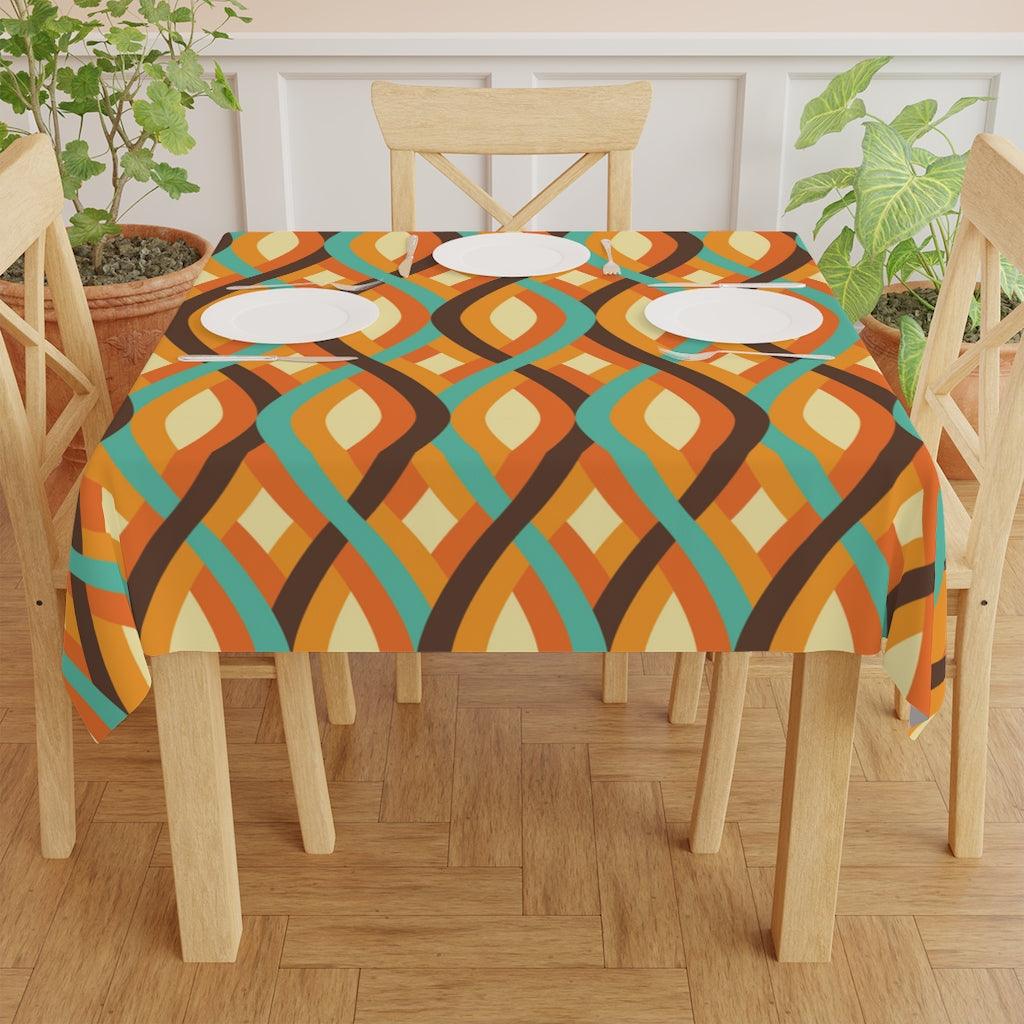Retro Geometric Waves Mid Century Mod Brown and Orange Tablecloth | lovevisionkarma.com