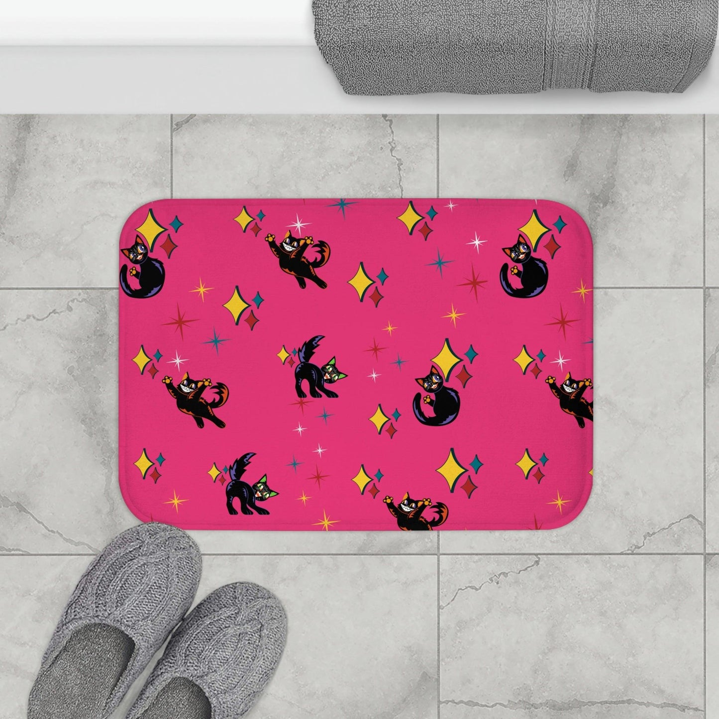 Retro Atomic Kitsch Cats Mid Century Mod Pink Bath Mat | lovevisionkarma.com