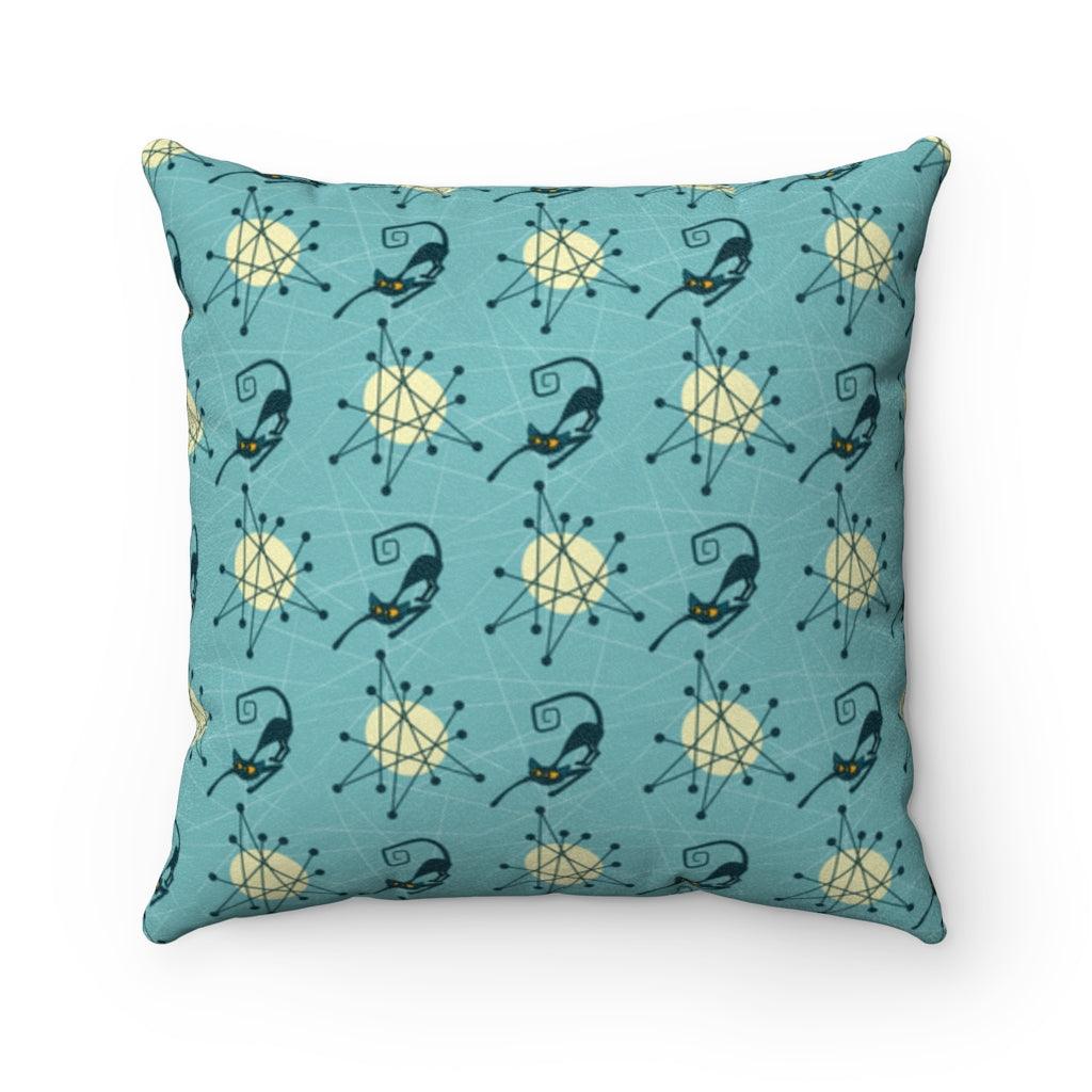 Retro Kitty Atomic Burst Blue MCM Throw Pillow | lovevisionkarma.com