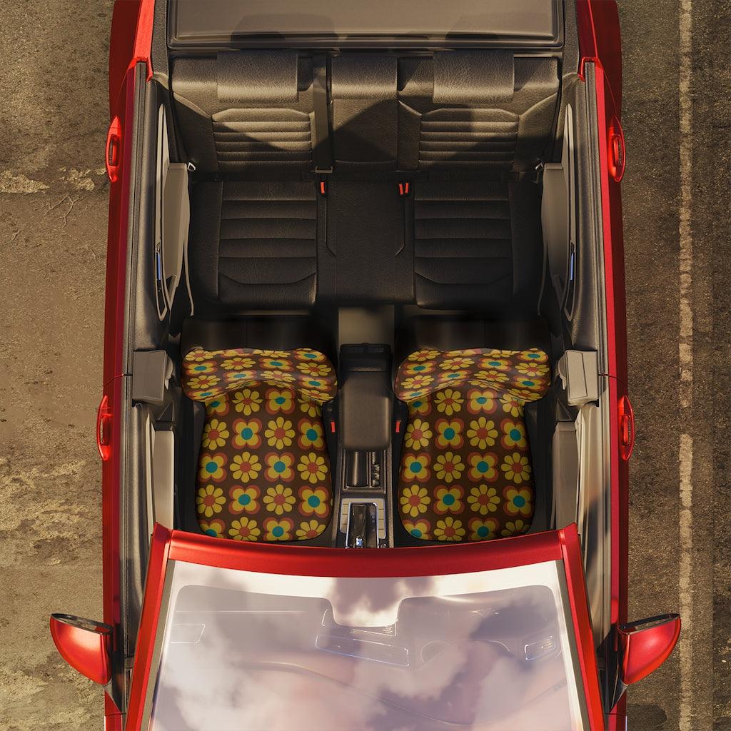 Retro Groovy Flowers Brown & Mustard MCM Car Seat Covers | lovevisionkarma.com