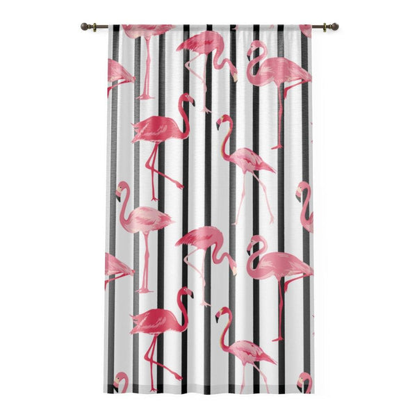 Retro Mod Pink Flamingos and Black & White Stripes Sheer Window Curtain | lovevisionkarma.com