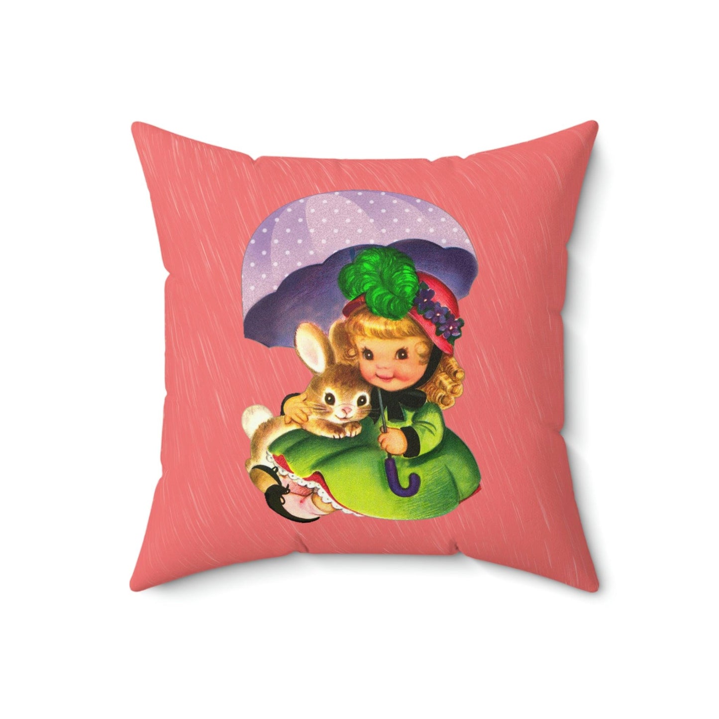 Vintage Easter, Girl with Bunny Kitschy Cute Coral MCM Throw Pillow | lovevisionkarma.com