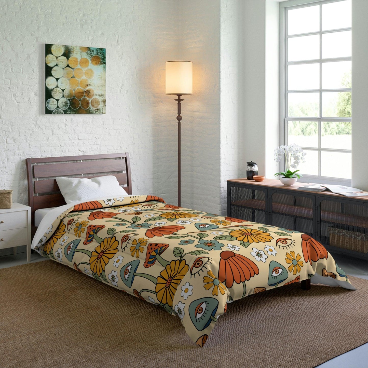 Boho Trippy Mushroom & Flowers Hippie Cottagecore MCM Comforter | lovevisionkarma.com