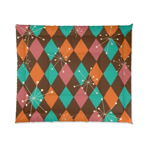 Retro Atomic Starburst Diamonds Mid Century Pink, Orange, Brown Comforter | lovevisionkarma.com