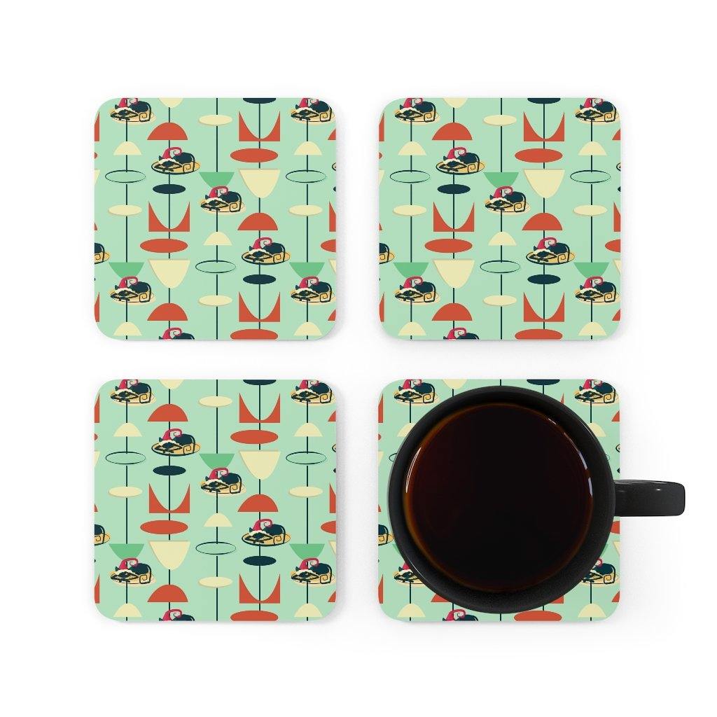 Retro Atomic Cat MCM Christmas Green Coaster Set | lovevisionkarma.com