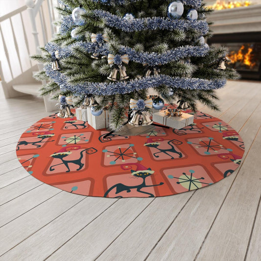 Atomic MCM Cats and Starbursts Festive Red Christmas Tree Skirt | lovevisionkarma.com