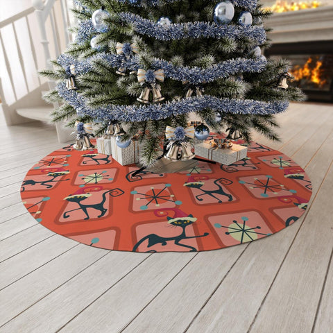 Atomic MCM Cats and Starbursts Festive Red Christmas Tree Skirt | lovevisionkarma.com